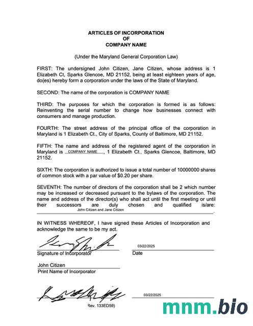 USA Maryland statut spółki Word i PDF szablon